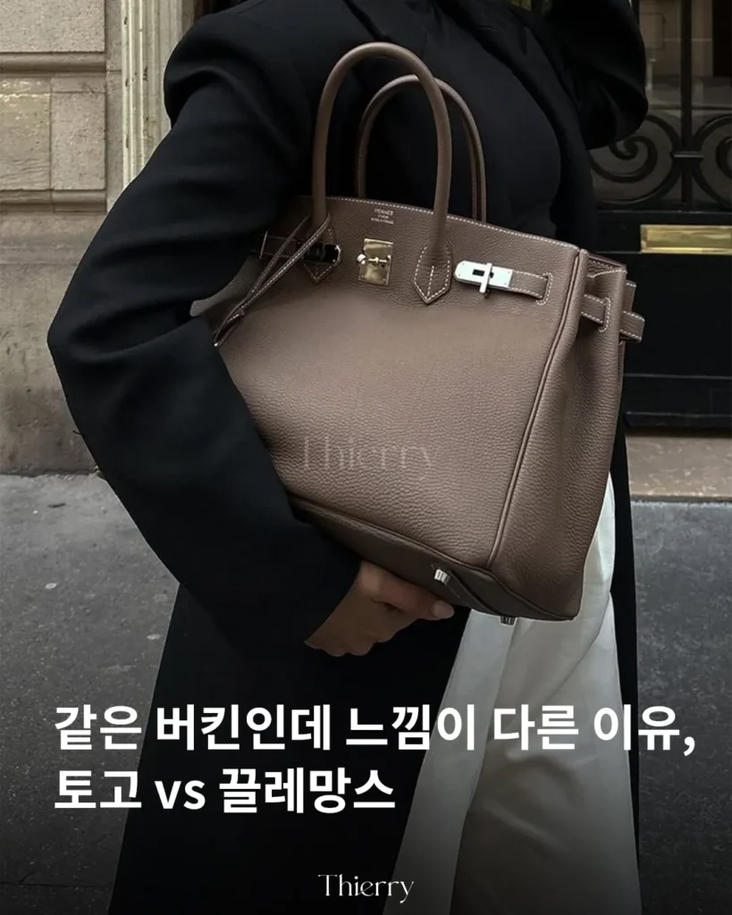 버킨의 토고와 끌레망스는 얼핏 보면 비슷해 보이지만, 가죽 입자의 크기와 질감에 따라 전체적인 인상은 미묘하게 달라집니다.